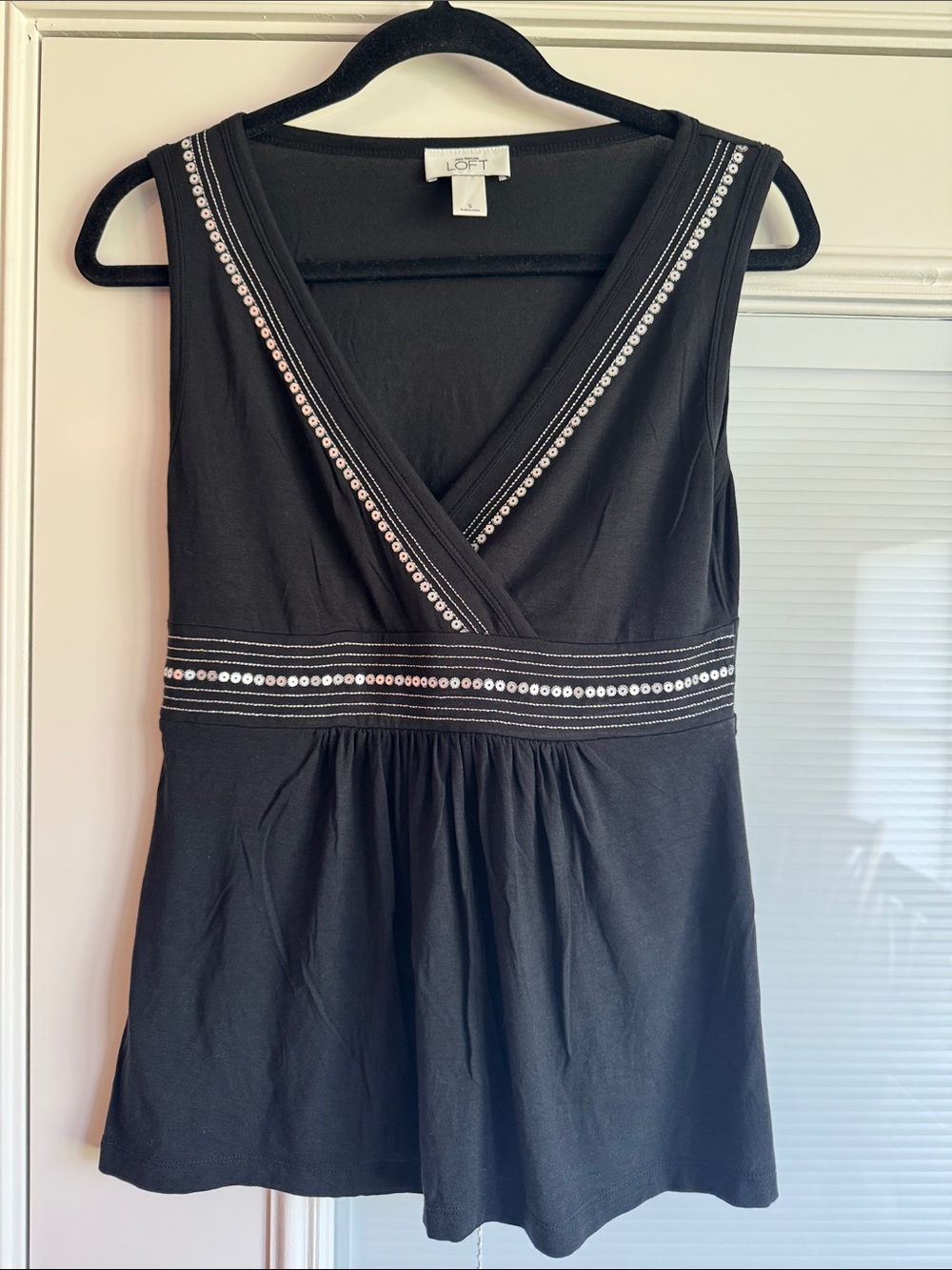 LOFT Sleeveless Black Top Camisole with Silver Sequins and Trim